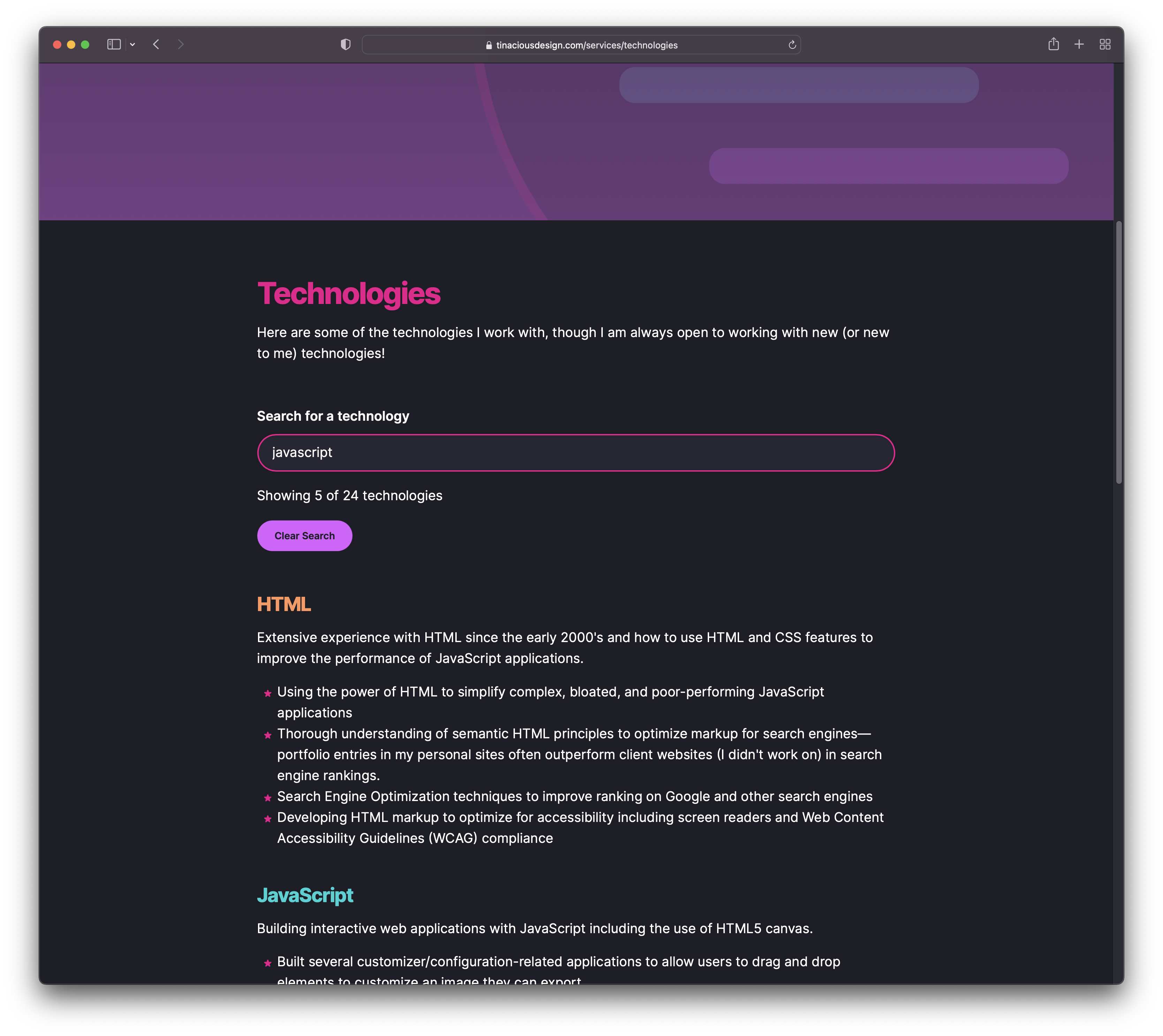 Technologies page allows users to search for a specific technology (dark mode)