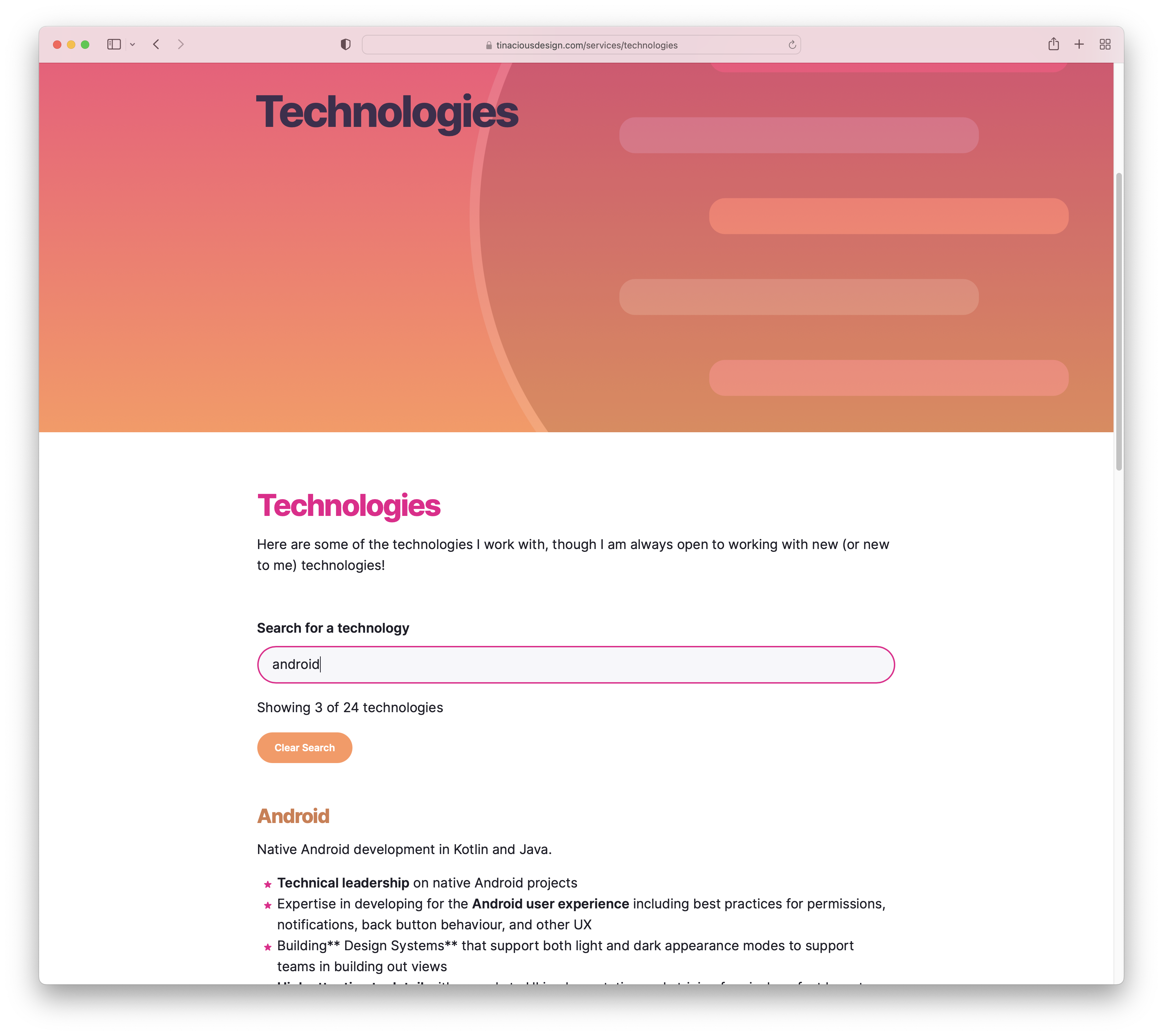Technologies page allows users to search for a specific technology (light mode)