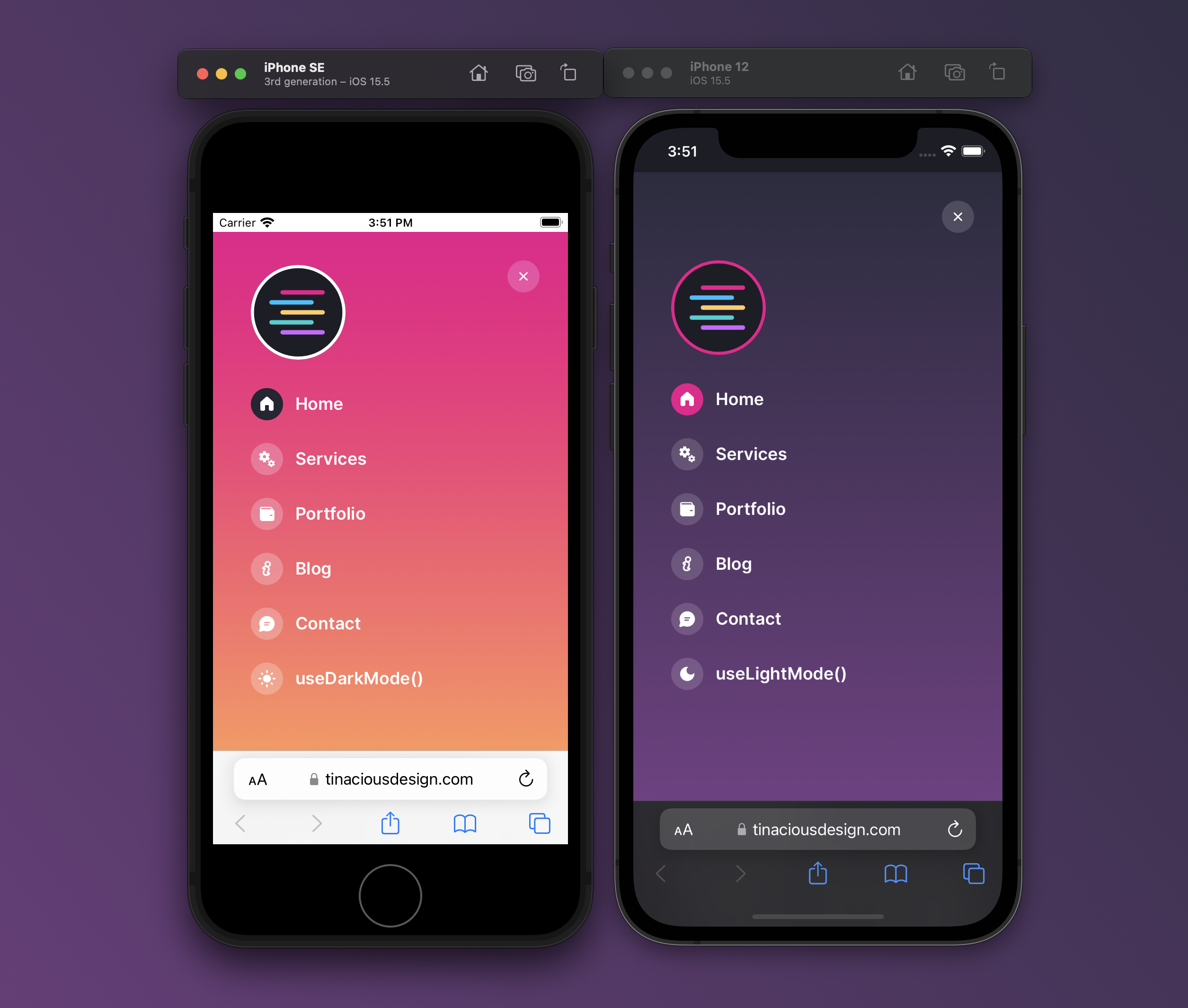 Mobile menu in both light and dark modes