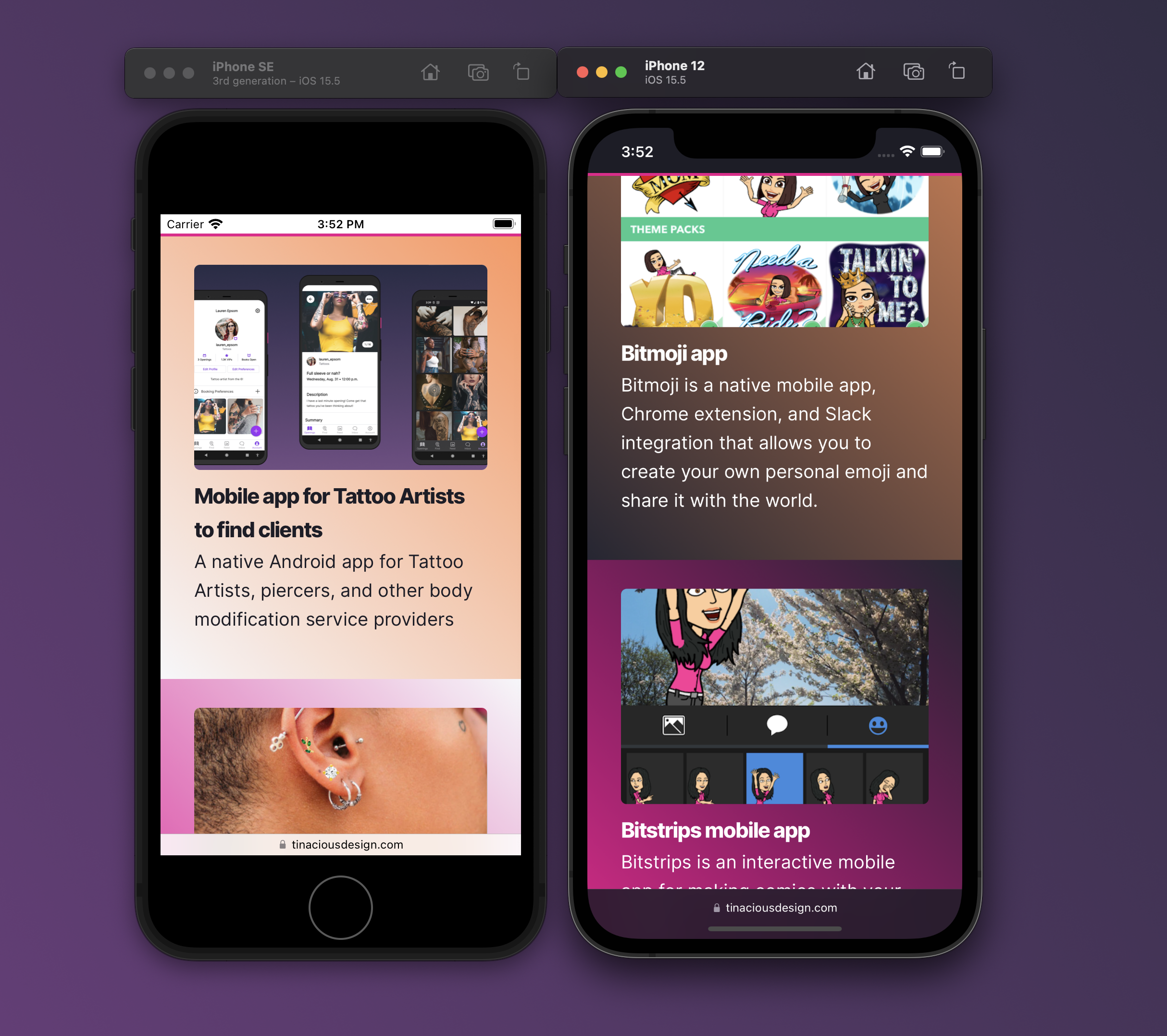 Portfolio page on mobile in both light and dark modes
