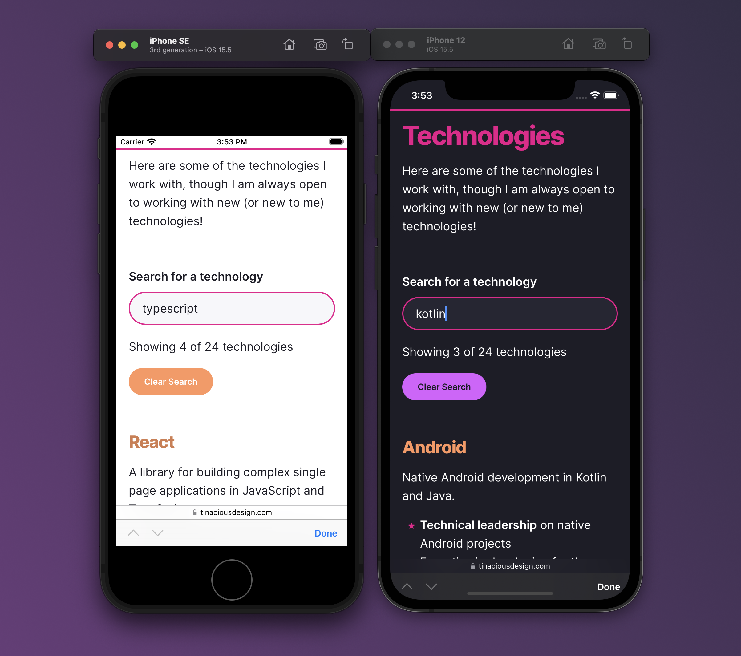 Technologies page with search functionality in both light and dark modes