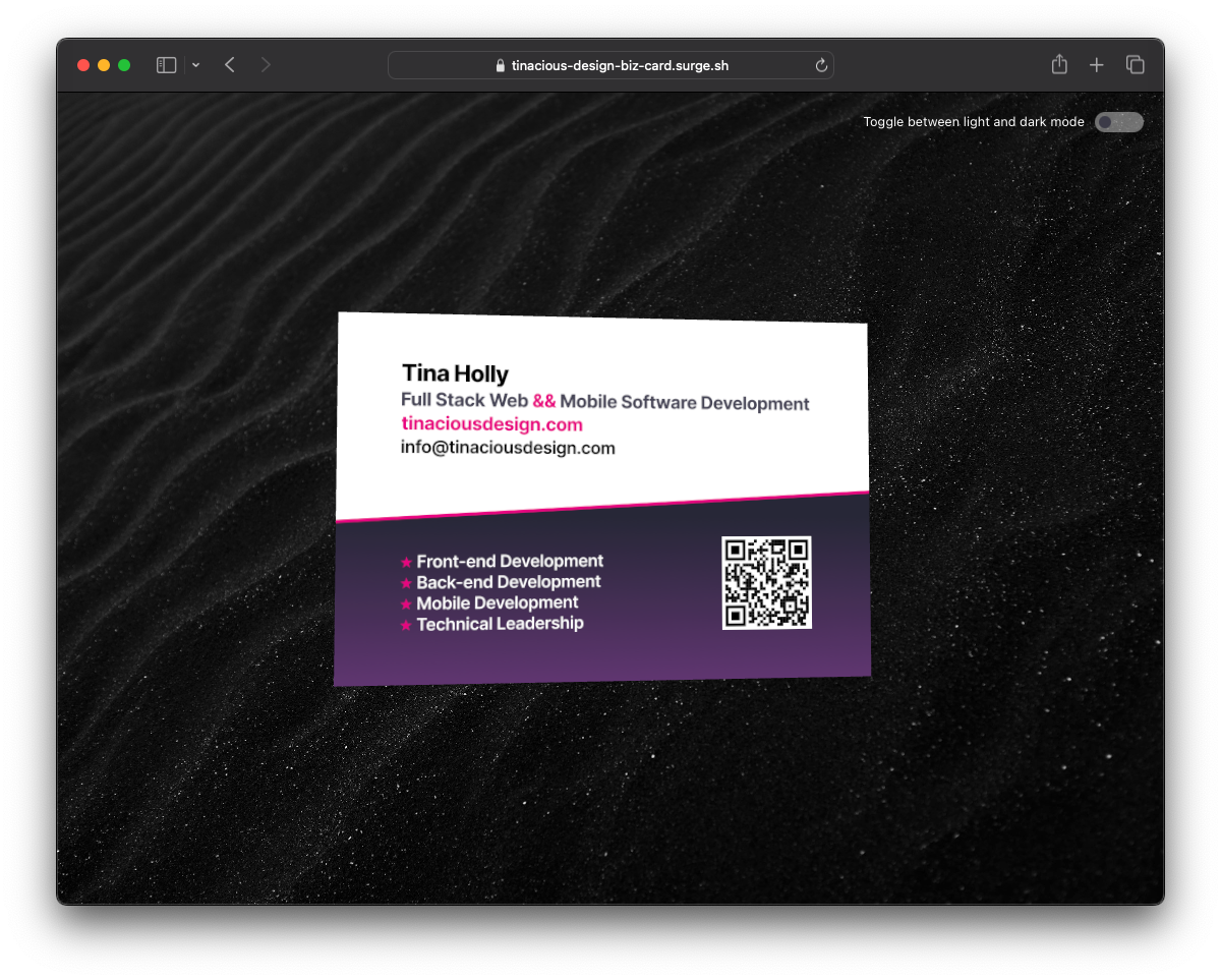 Screenshot of 3D business card viewer in the browser, displaying the front of the business card