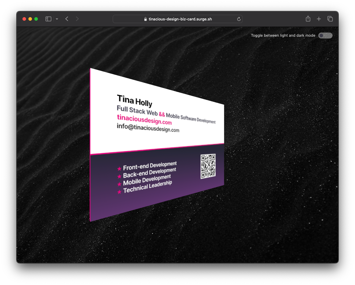 3D business card model viewer, in dark mode