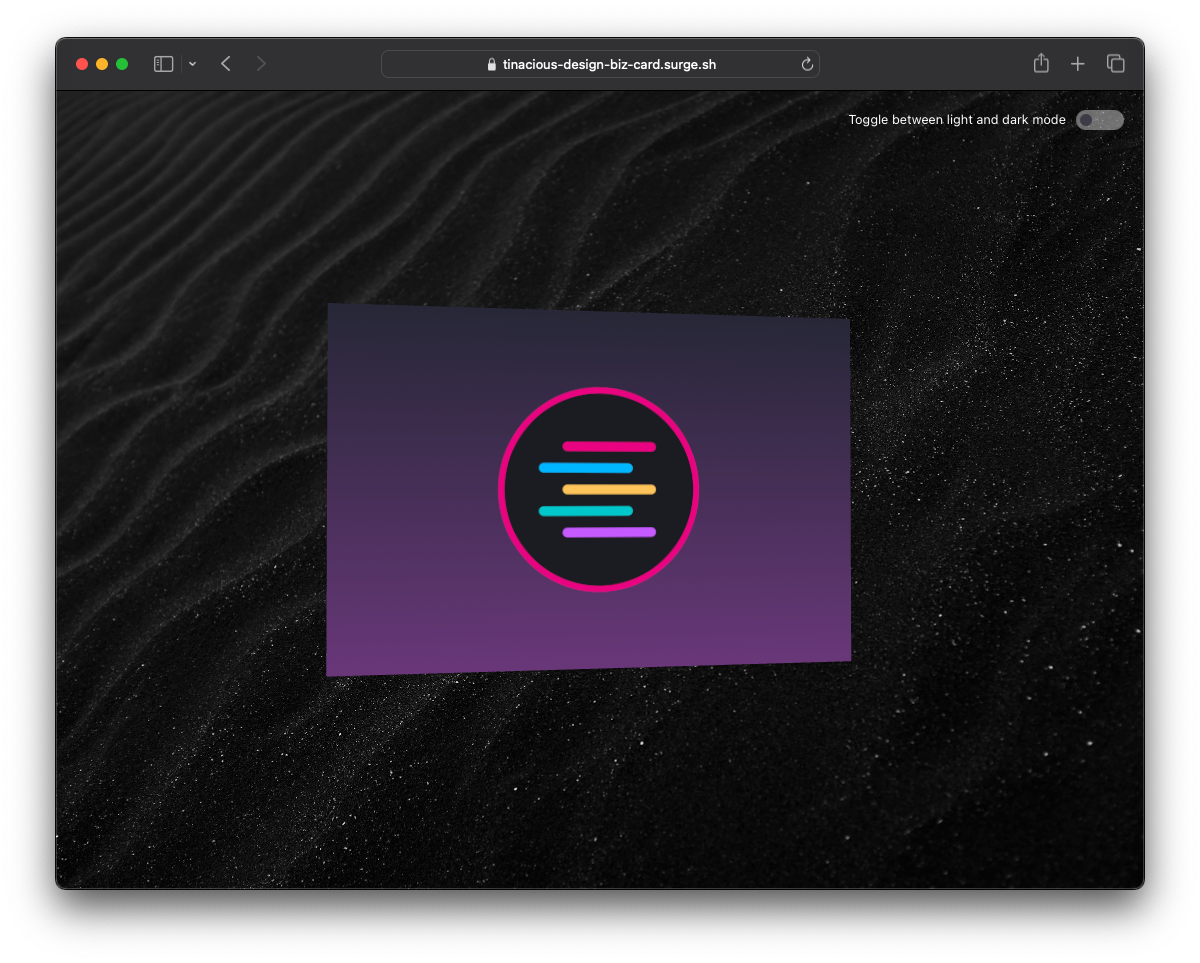 3D business card model viewer, in dark mode (back)