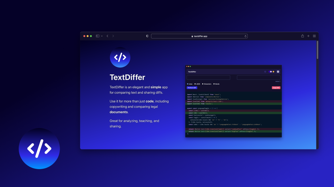 Screenshot of the website for TextDiffer on macOS