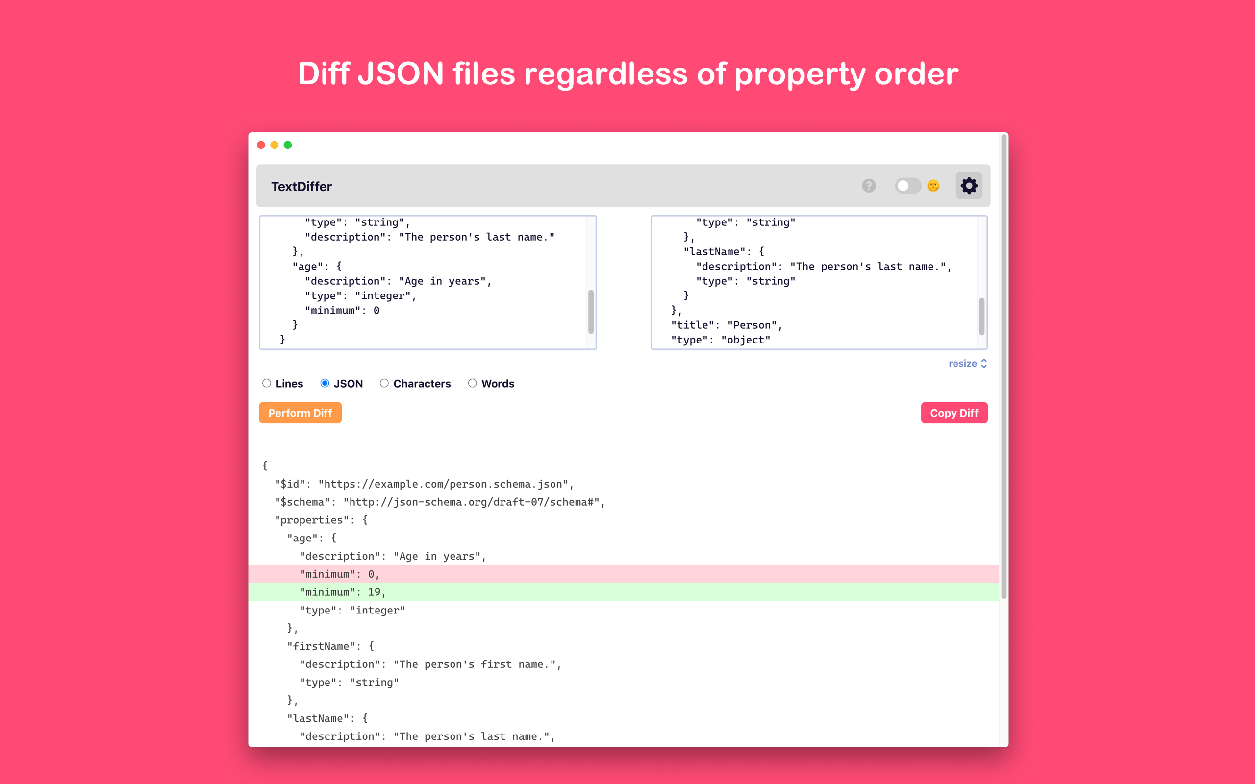 TextDiffer allows you to diff JSON