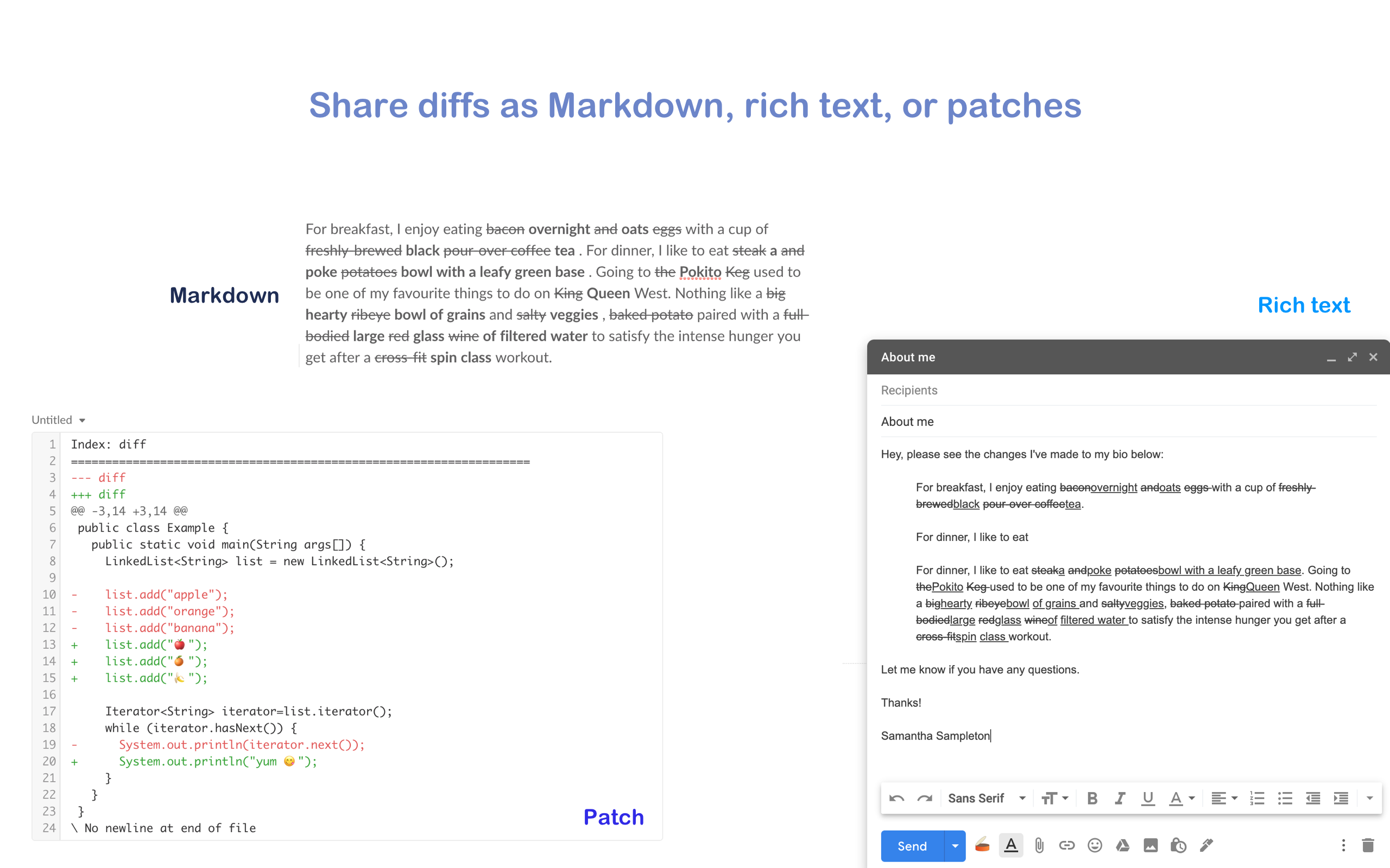 TextDiffer allows you to share diffs as patches, rich text, and Markdown (where supported)