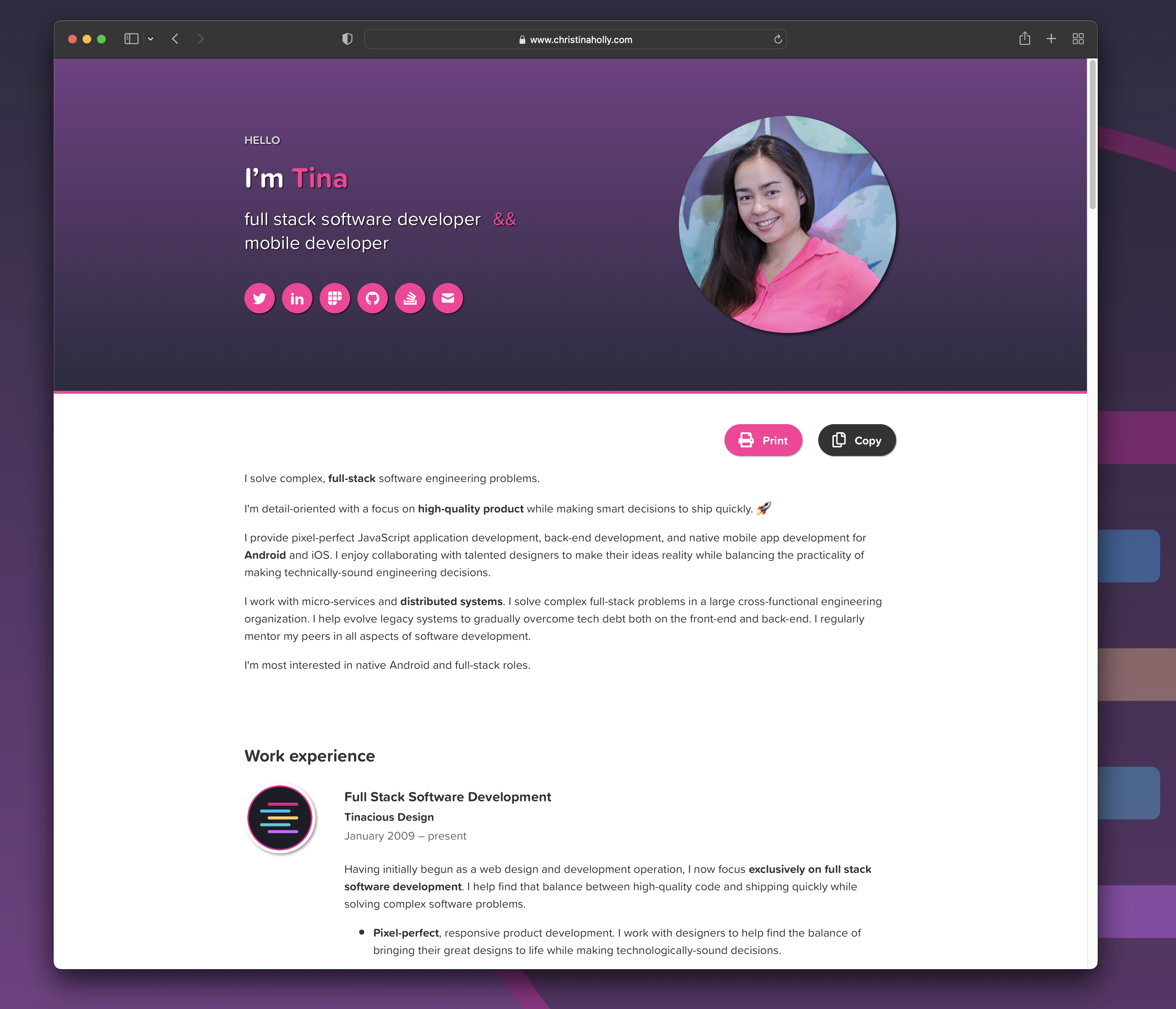 Desktop view of the profile and work experience section. Offers Print and Copy buttons to save the resumé.
