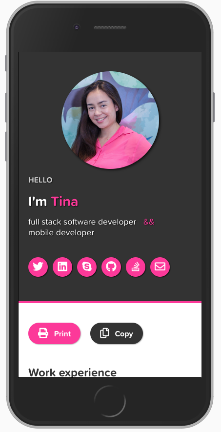 Mobile view of the profile and work experience section. Offers Print and Copy buttons to save the resumé.