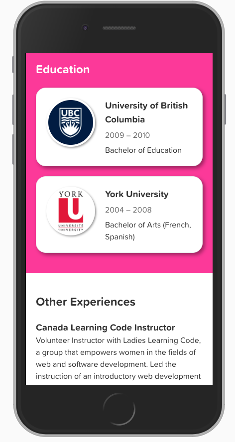 Mobile view of the education section