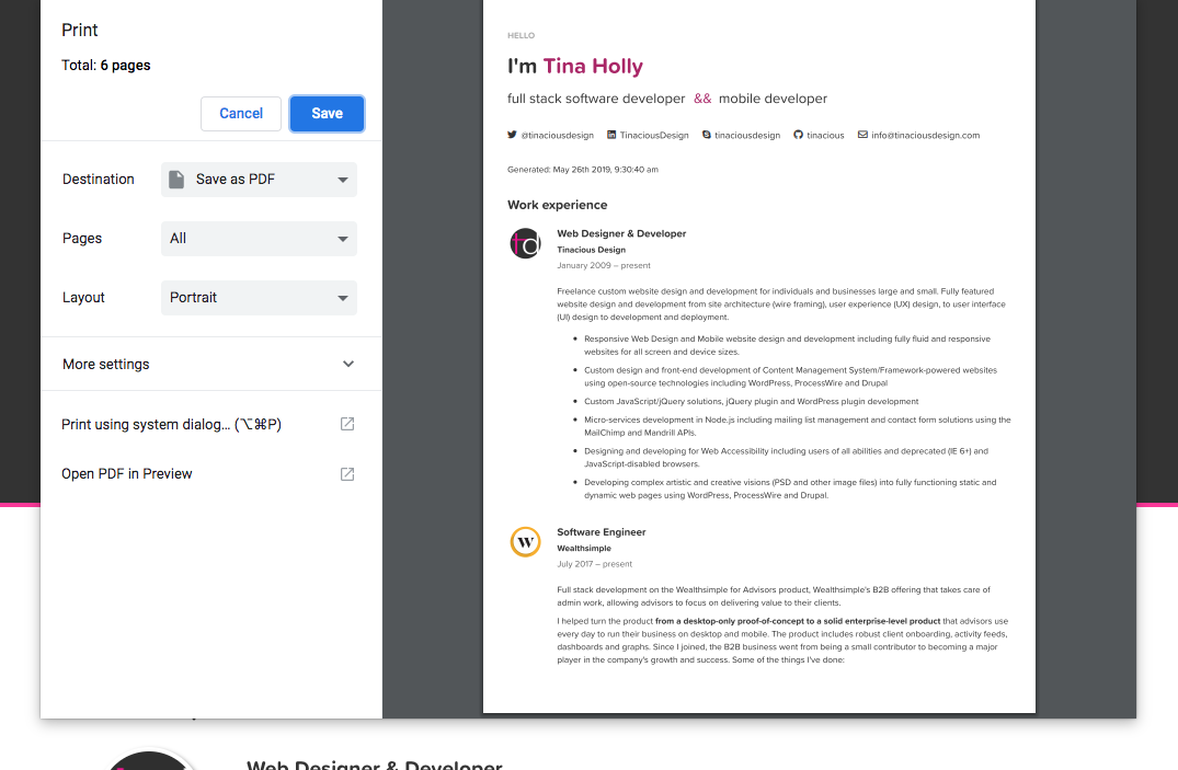 Print-optimized view for print and PDF export