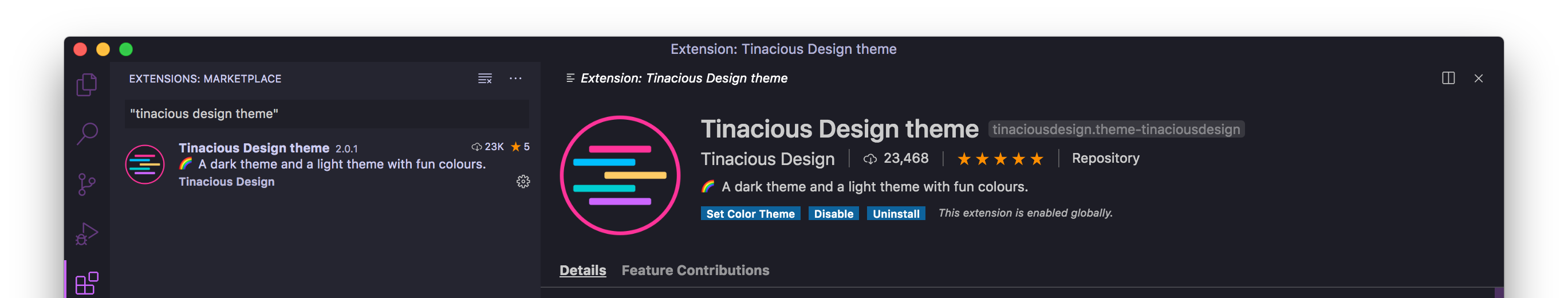 Searching for the Tinacious Design theme while using the dark theme