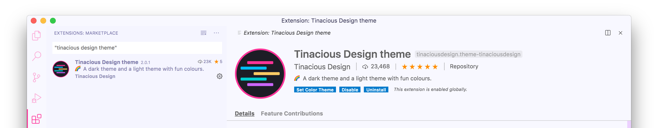 Searching for the Tinacious Design theme while using the light theme