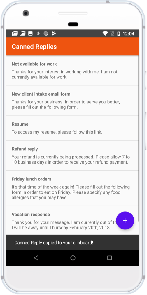 Canned Replies Android list view displays all available messages