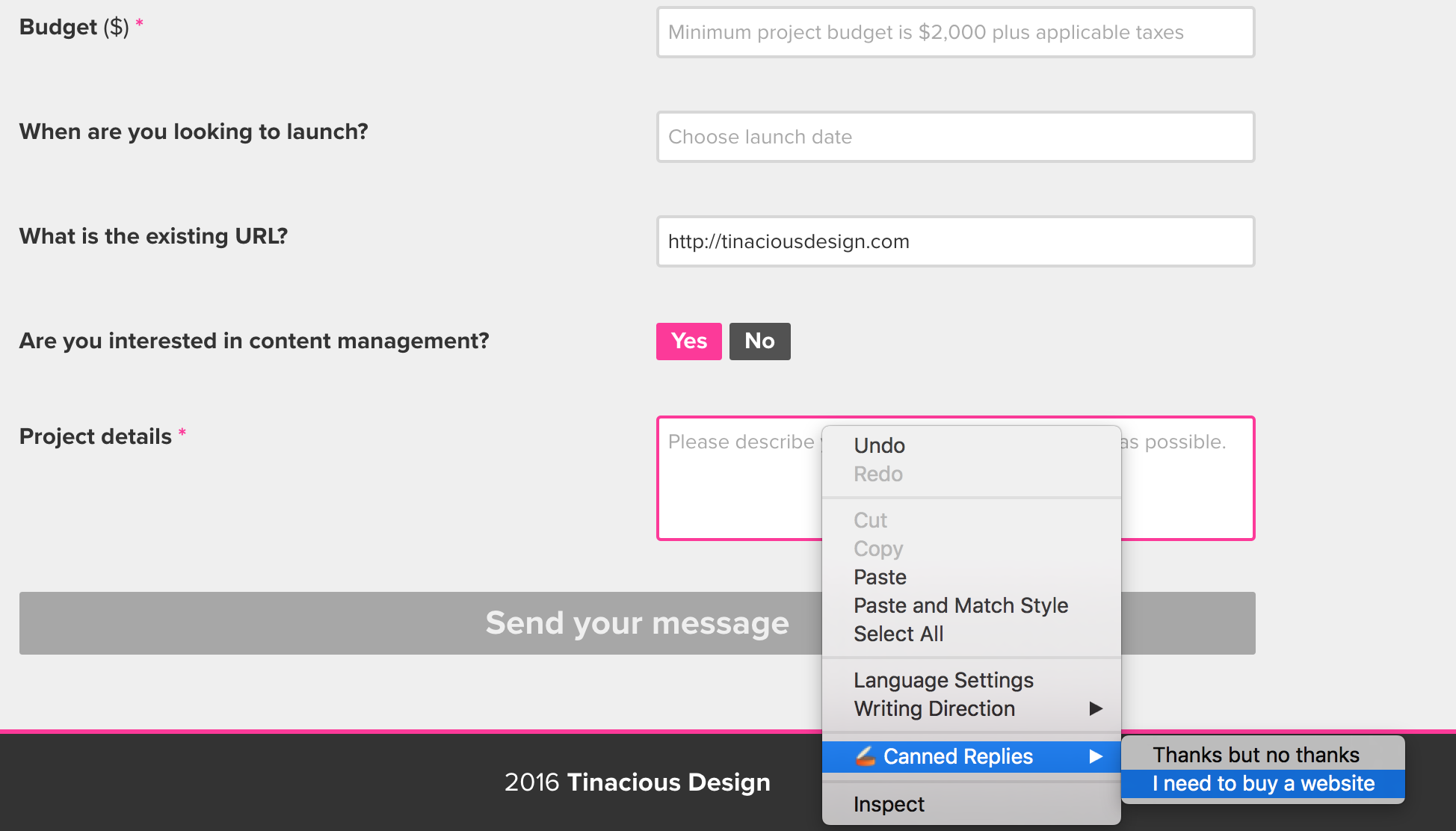 Use the context menu to insert canned replies