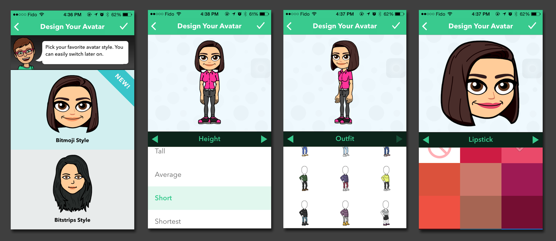 The new Avatar Builder allows you to customize 2 different styles for your avatar, including the classic Bitstrips style, and the brand new Bitmoji style. You can customize your body, outfit, and facial features.