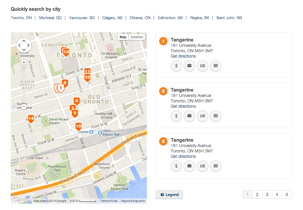 Responsive website for Tangerine Bank of Canada. Users can use the Google Maps integration to find a branch near them.