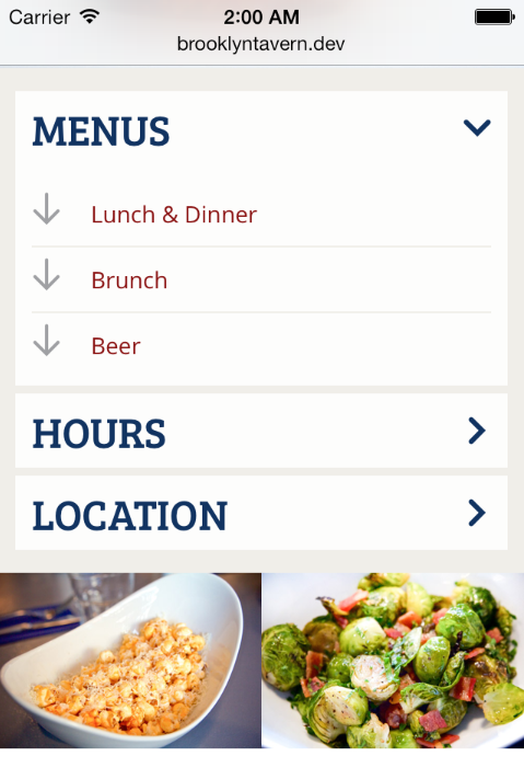 Main sections animate open so mobile users can see all sections easily.