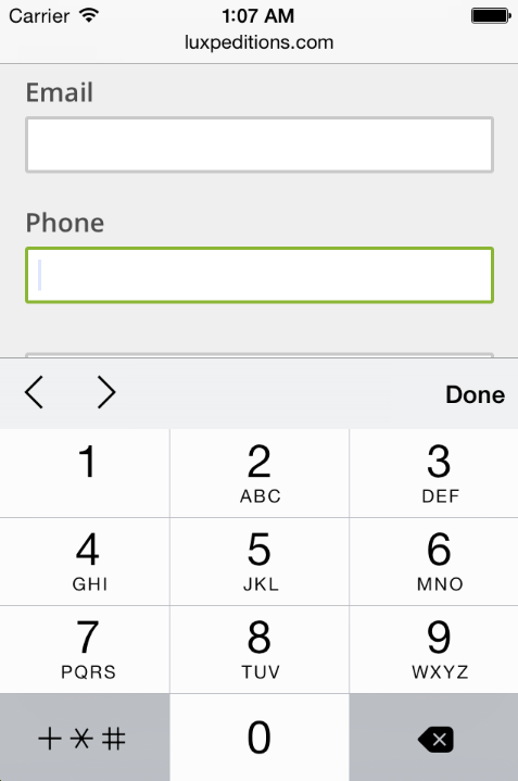 Phone-friendly contact form optimizes keypads for email addresses and phone numbers so mobile users can input their information as they would expect in a native app