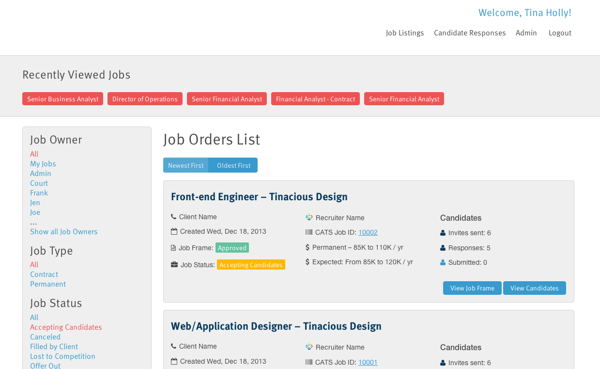 Landing page features a list of jobs.