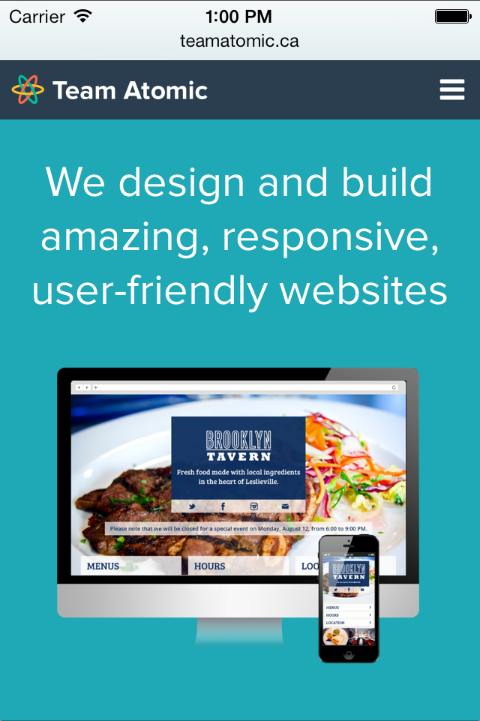 Mobile view of the Team Atomic website
