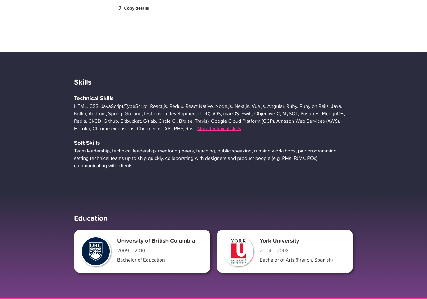 Desktop view of the education section