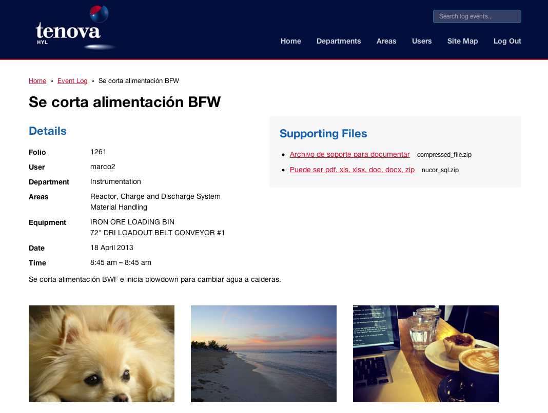 Single event item includes support for image upload and files.
