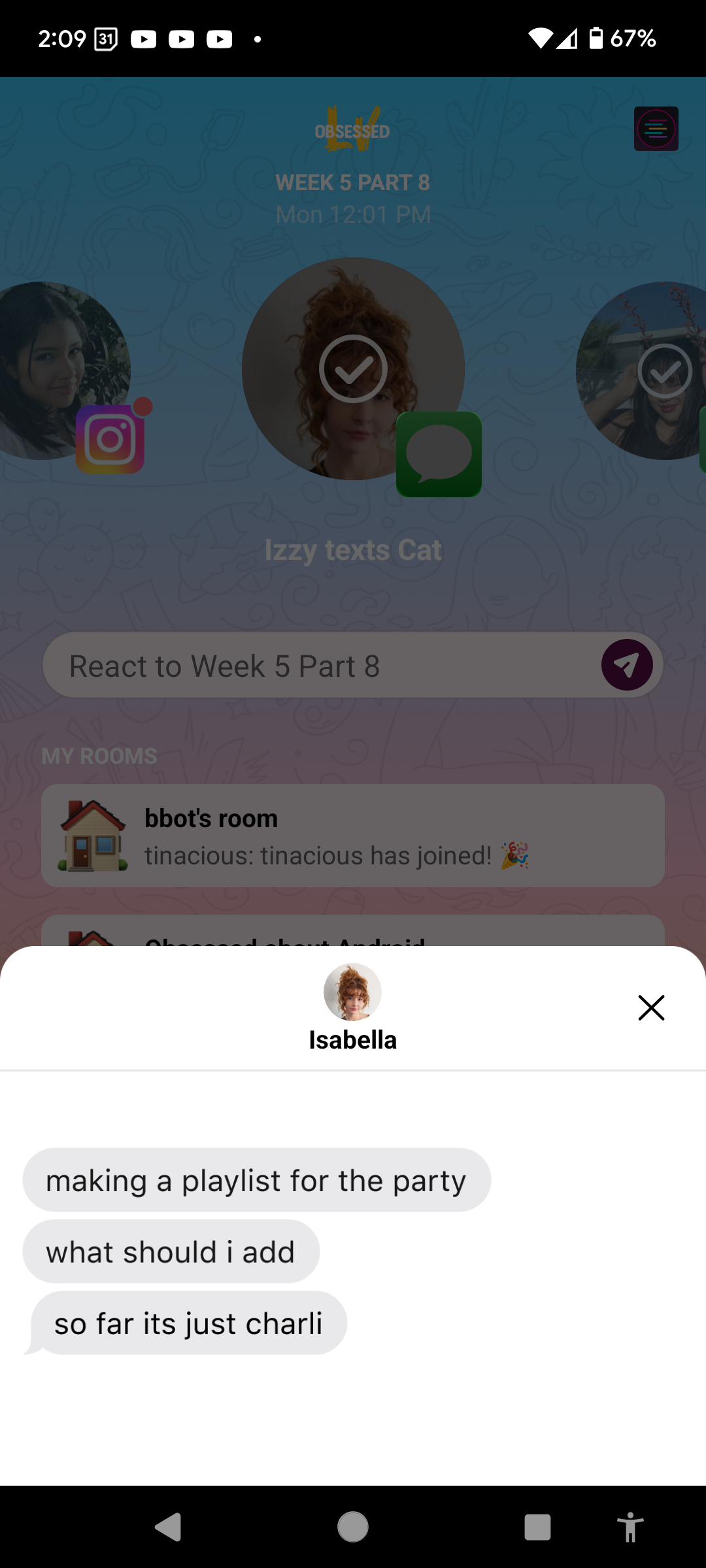 Screenshot of text message media from Isabella: making a playlist for the party. what should i add. so far its just charli