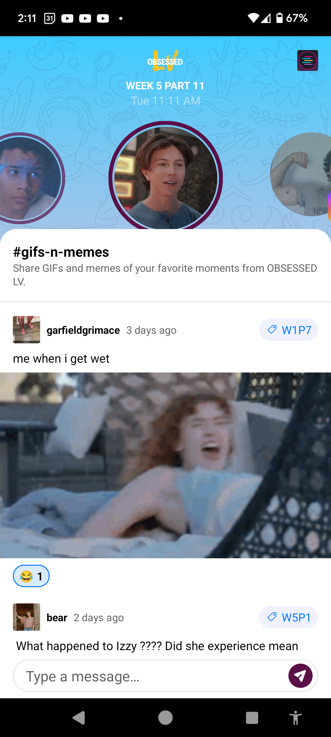 Screenshot of the public channel #gifs-n-memes where users share GIF clips of the video episode they watched. Current user reacted to the content with a laughing emoji reaction.