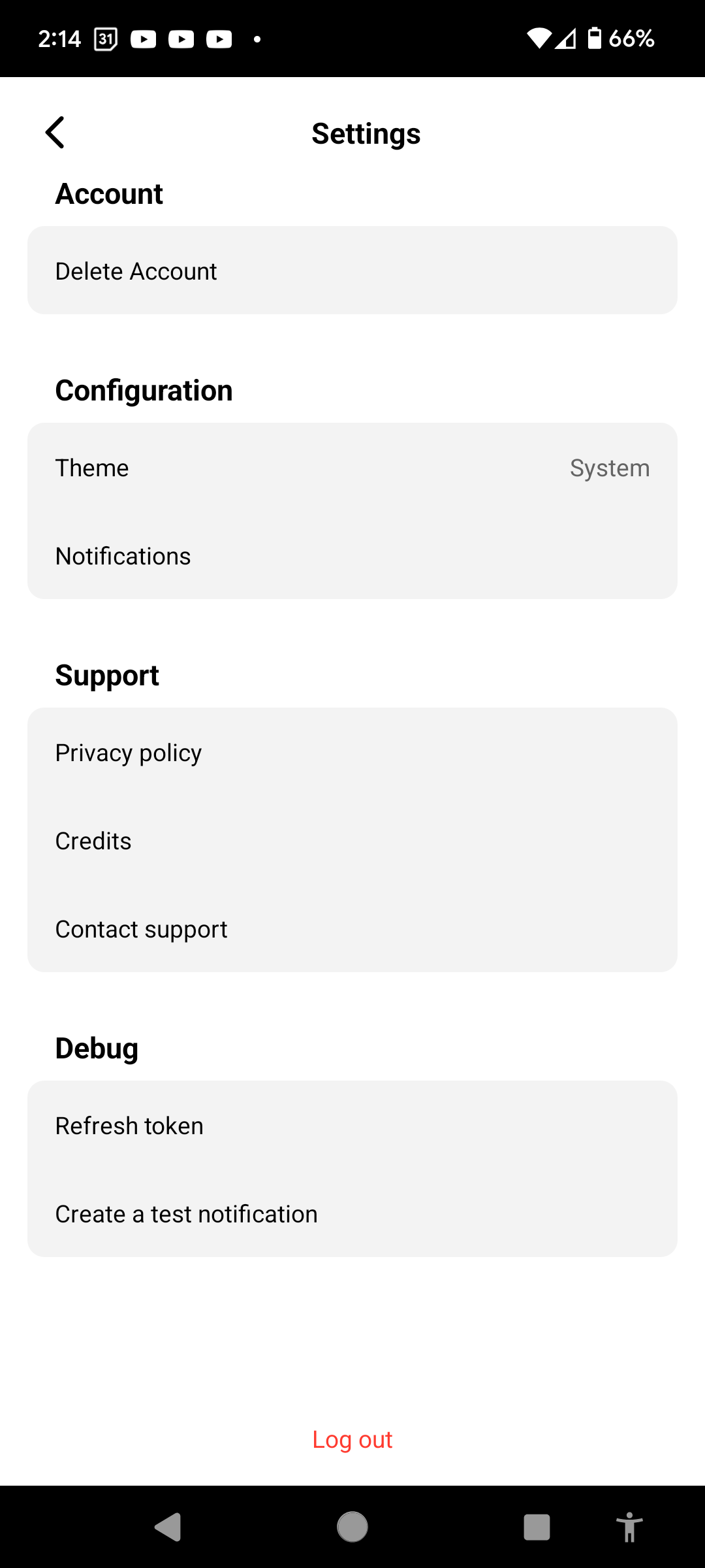 Screenshot of the app settings: Delete Account, Theme (System, Light, Dark), Privacy policy, Credits, Contact support, and developer debug menu
