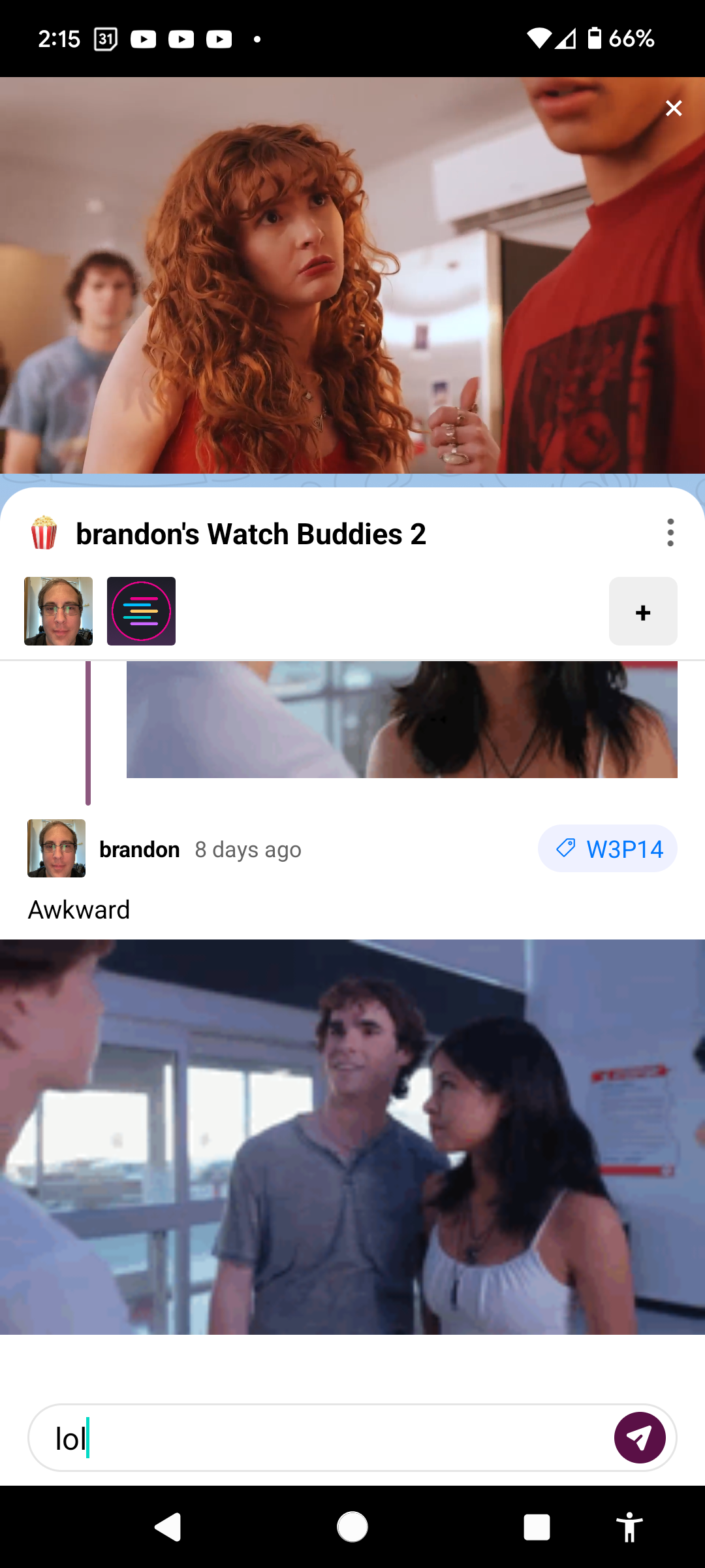 Screenshot of the app in portrait mode which includes a video in the top third of of the screen, and a chat dialog bottom sheet in the bottom 2 thirds of the app with text and video messages. Includes a compose field that is populated by the user and says "lol"