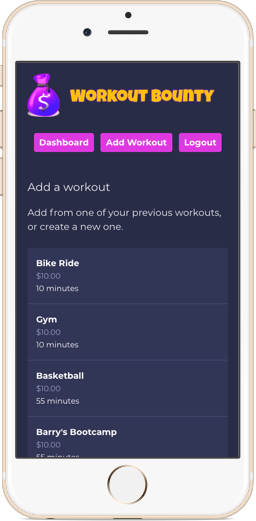 Workout Bounty mobile responsive website, calendar view