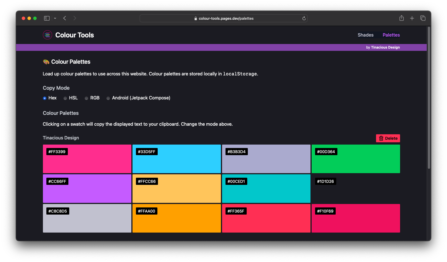 Manage colour palettes, copy colours from palettes in any of the supported modes (hex, HSL, RGB, Android Jetpack Compose) (dark mode)