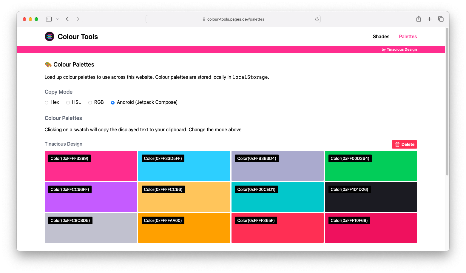 Manage colour palettes, copy colours from palettes in any of the supported modes (hex, HSL, RGB, Android Jetpack Compose) (light mode)