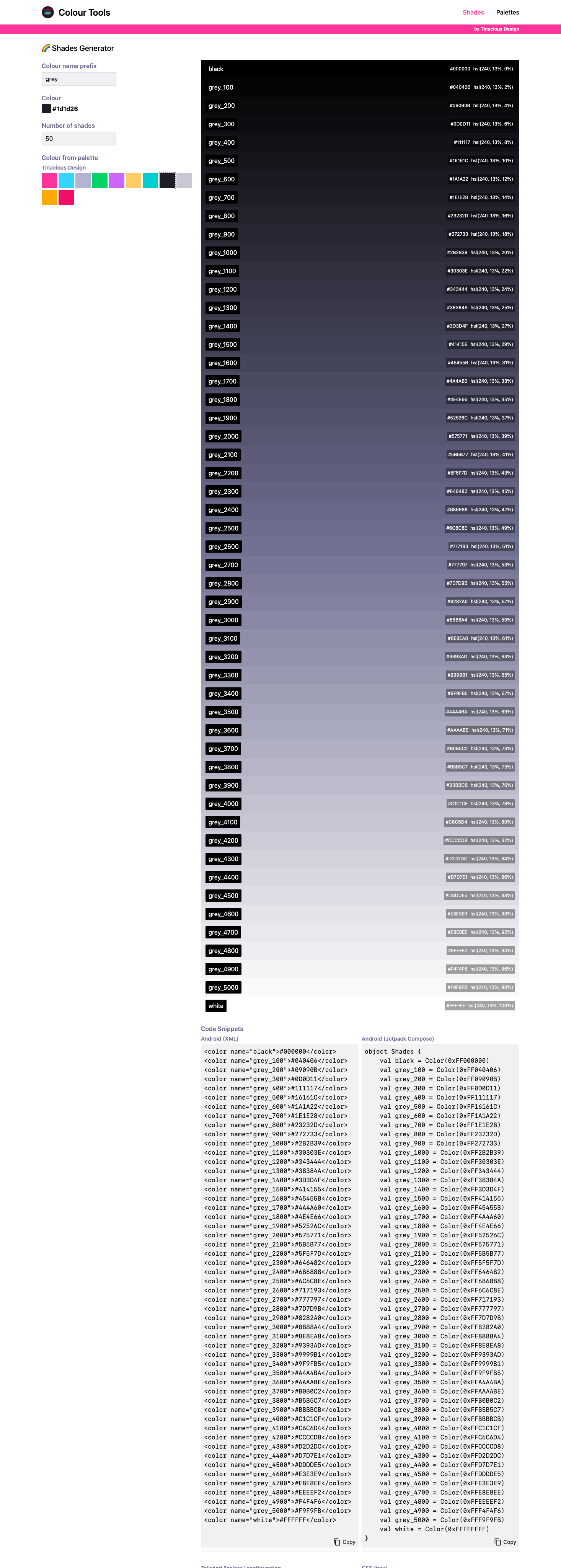 50 shades of grey, generated by Colour Tools