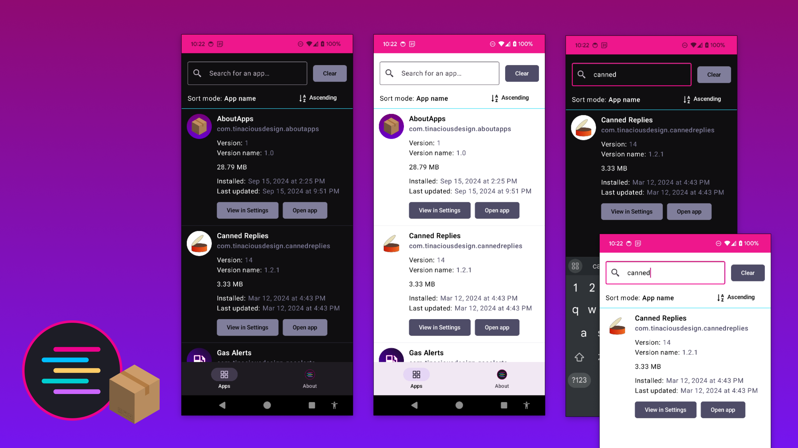 AboutApps showing app information with searchable list