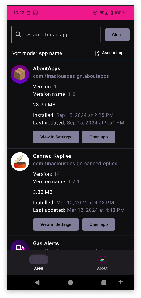 The apps list in AboutApps (dark mode)