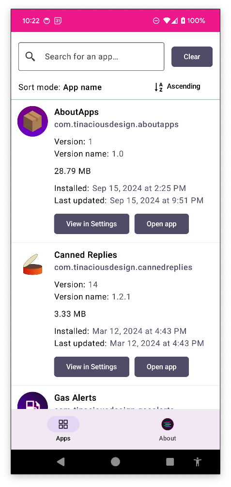 The apps list in AboutApps (light mode)