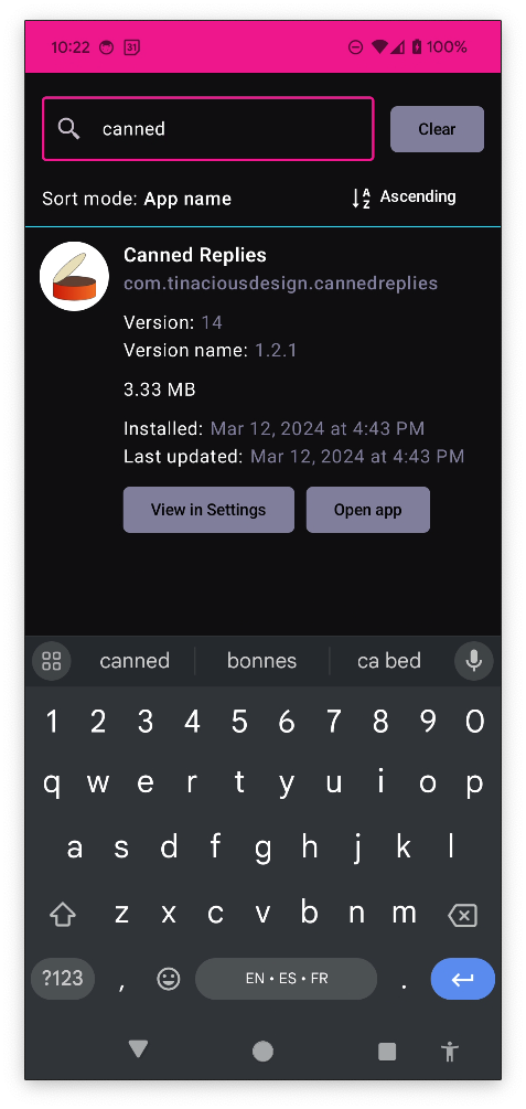 Search functionality in AboutApps (dark mode)