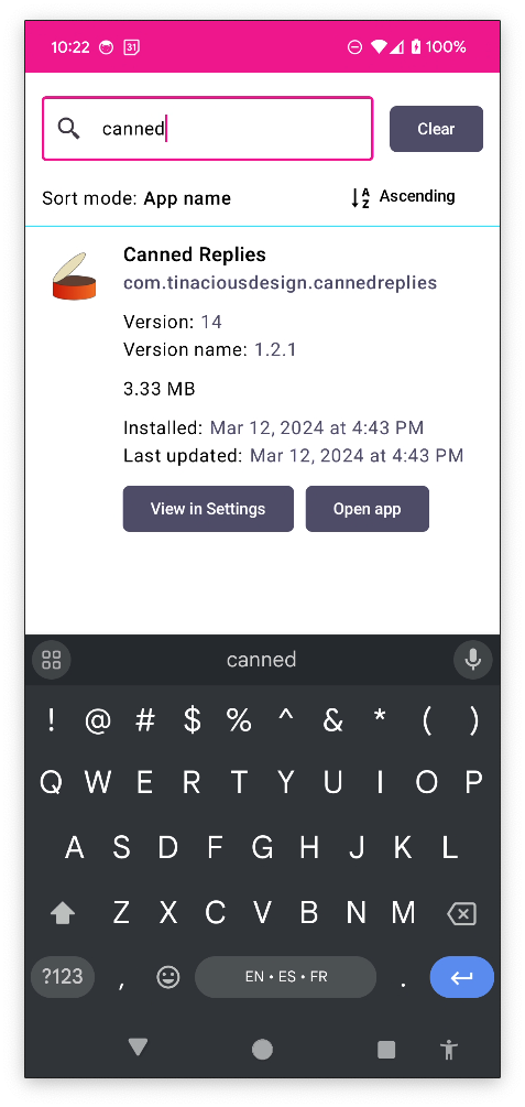 Search functionality in AboutApps (light mode)