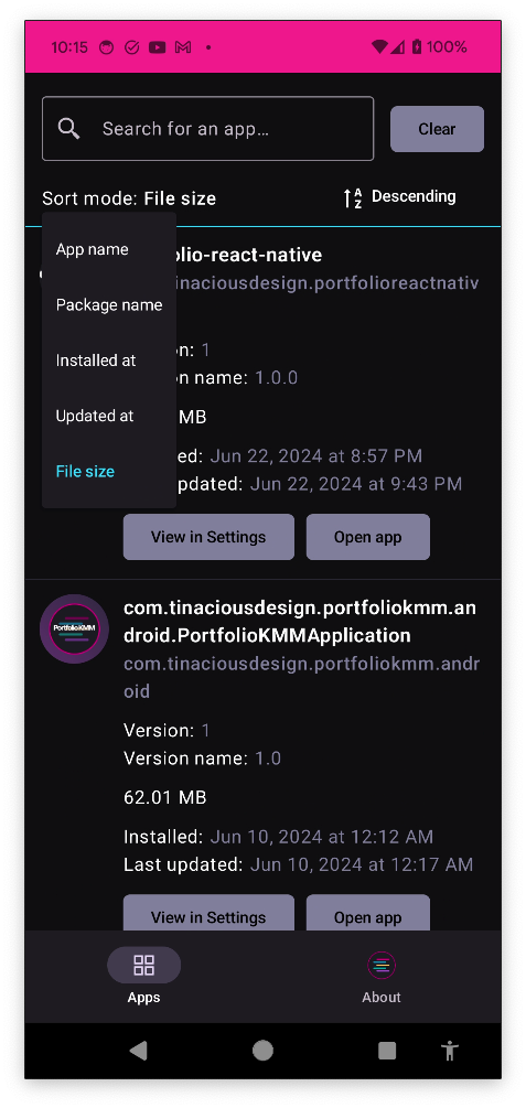 Sort apps in ascending or descending order by name, package name, file size, or date installed or updated at (dark mode)