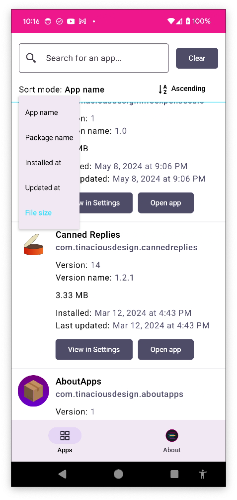 Sort apps in ascending or descending order by name, package name, file size, or date installed or updated at (light mode)