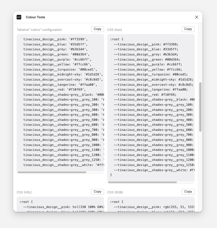 Copy code snippets for software development on web and Android, making it easier for you to add colours to CSS (including preprocessors), and Android (including XML and Jetpack Compose) (showing CSS)