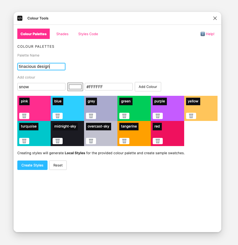 Curate colours in the extension and when you're ready, generate local styles and colour variables