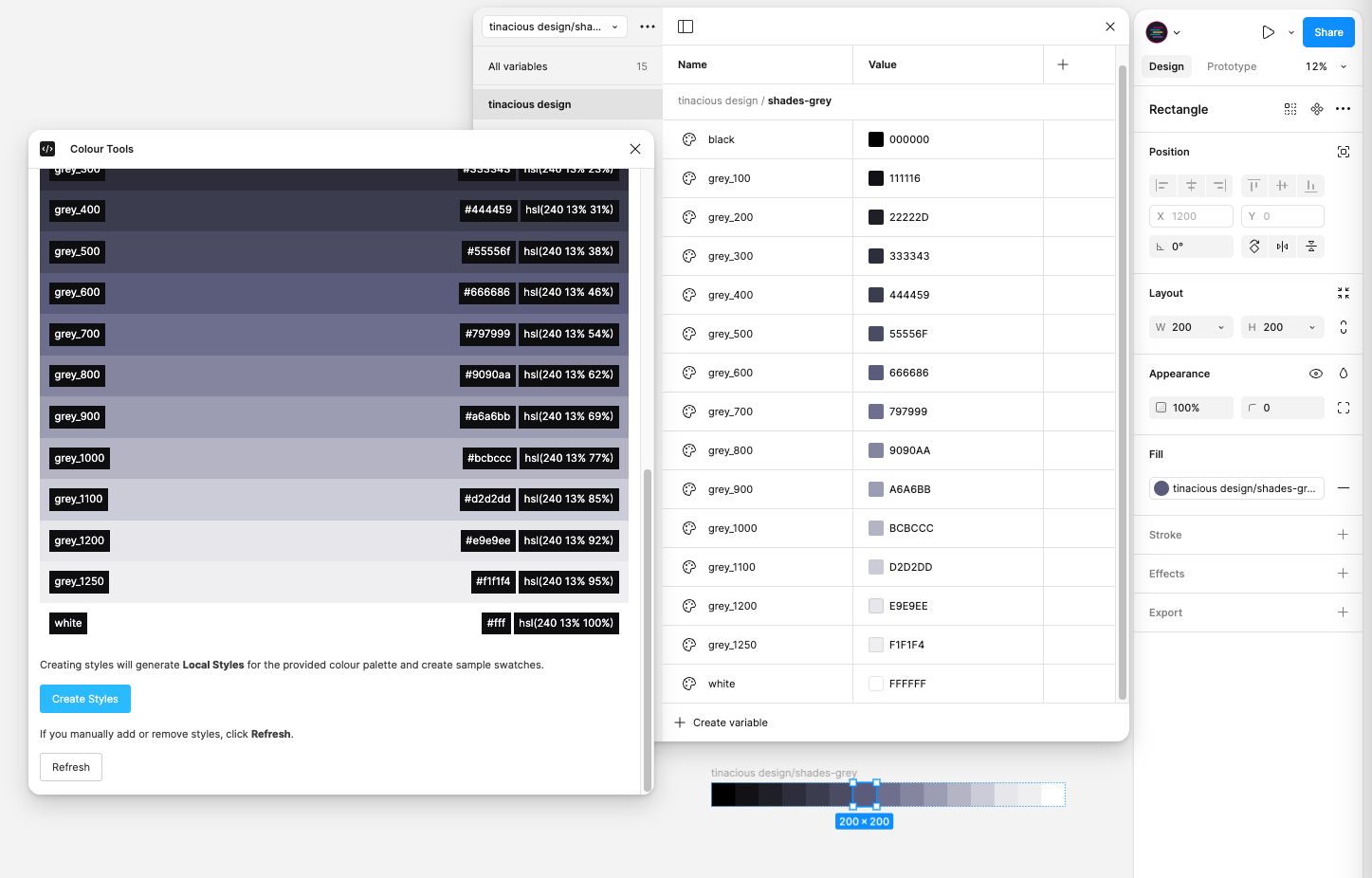 Pick a single colour and generate as many shades as you want. These are created as local styles and color variables.