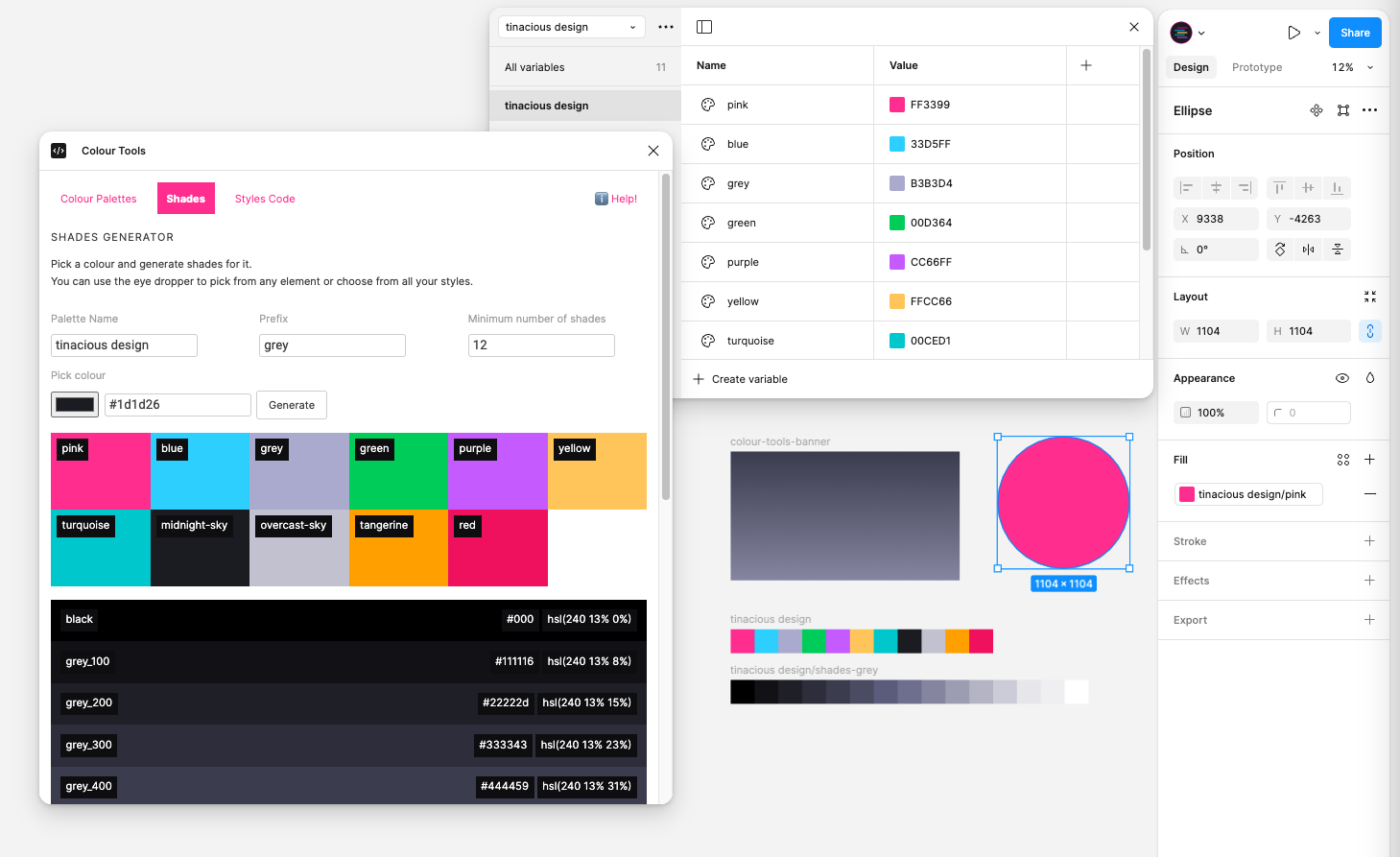 Colour Tools for Figma generates Local Styles, color variables, and sample swatches for your picked colours and generated shades