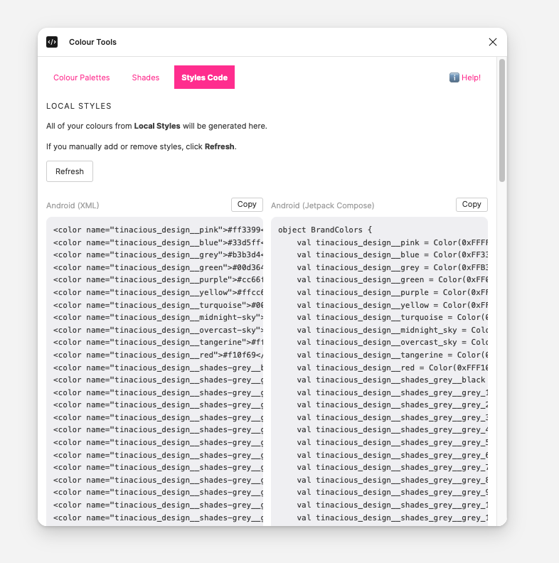 Copy code snippets for software development on web and Android, making it easier for you to add colours to CSS (including preprocessors), and Android (including XML and Jetpack Compose) (showing Android XML and Jetpack Compose)