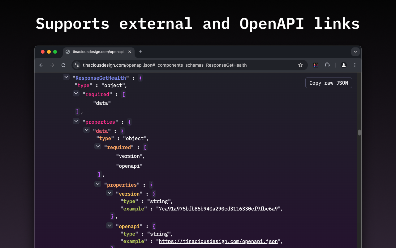 Rainbow JSON Viewer allows you to open external links or link to other components in an OpenAPI schema definition