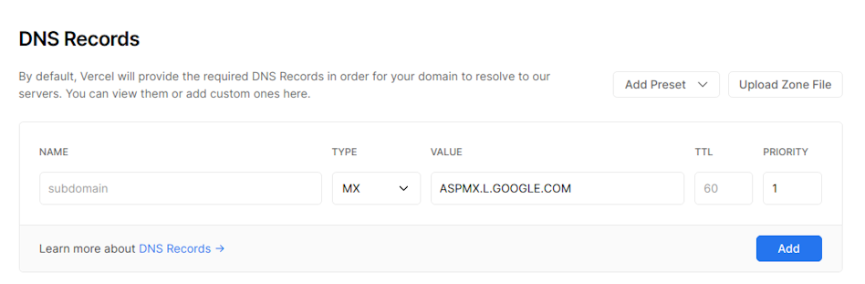 Adding a MX record to your domain. | Tags: text, page