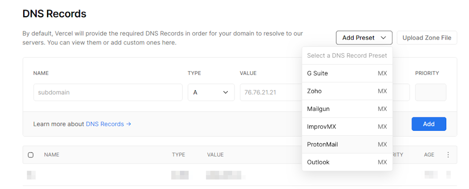 The preset dropdown in the DNS UI. | Tags: text, page